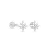 Gemstone Starburst Flat Back Stud Earrings in Solid 14k White Gold