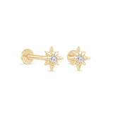 Gemstone Starburst Flat Back Stud Earrings in Solid 14k Yellow Gold