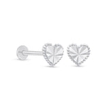 Diamond Cut Solid 14k White Gold Heart Flat Back Stud Earrings