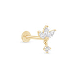 Triple Marquise Gemstone Drop Flat Back Stud Earrings in Solid 14k Yellow Gold