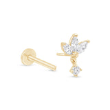 Triple Marquise Gemstone Drop Flat Back Stud Earrings in Solid 14k Yellow Gold