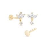Triple Marquise Gemstone Drop Flat Back Stud Earrings in Solid 14k Yellow Gold