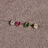 Oval Emerald Flat Back Stud Earrings Bezel Set in Solid 14k Yellow Gold