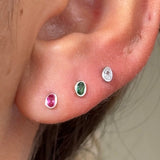 Oval Emerald Flat Back Stud Earrings Bezel Set in Solid 14k Yellow Gold