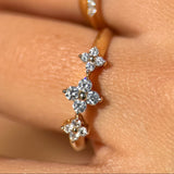 Three Flower Diamond Ring in Solid 14k Yellow Gold