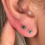 Princess Cut Emerald Flat Back Stud Earrings Bezel Set in Solid 14k Yellow Gold