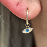 Hoop with Blue Topaz Evil Eye Charm in Solid 14k Yellow Gold
