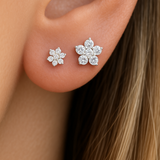 Six Round Diamond Flower Flat Back Stud Earrings in Solid 14k White Gold
