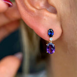 Dangling Oval Sapphire and Amethyst Earrings in Solid 10k Yellow Gold