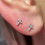 Diamond Pavé Studded Cross Flat Back Stud Earrings in Solid 14k Rose Gold