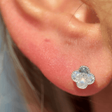 Gemstone Clover Flat Back Stud Earrings Milgrain Set in Solid 14k White Gold