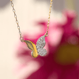 Half Gold Half Diamond Pavé Butterfly Pendant Necklace in Solid 10k Yellow Gold