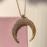 Sapphire Pavé Crescent Moon Necklace in Solid 14k Yellow Gold