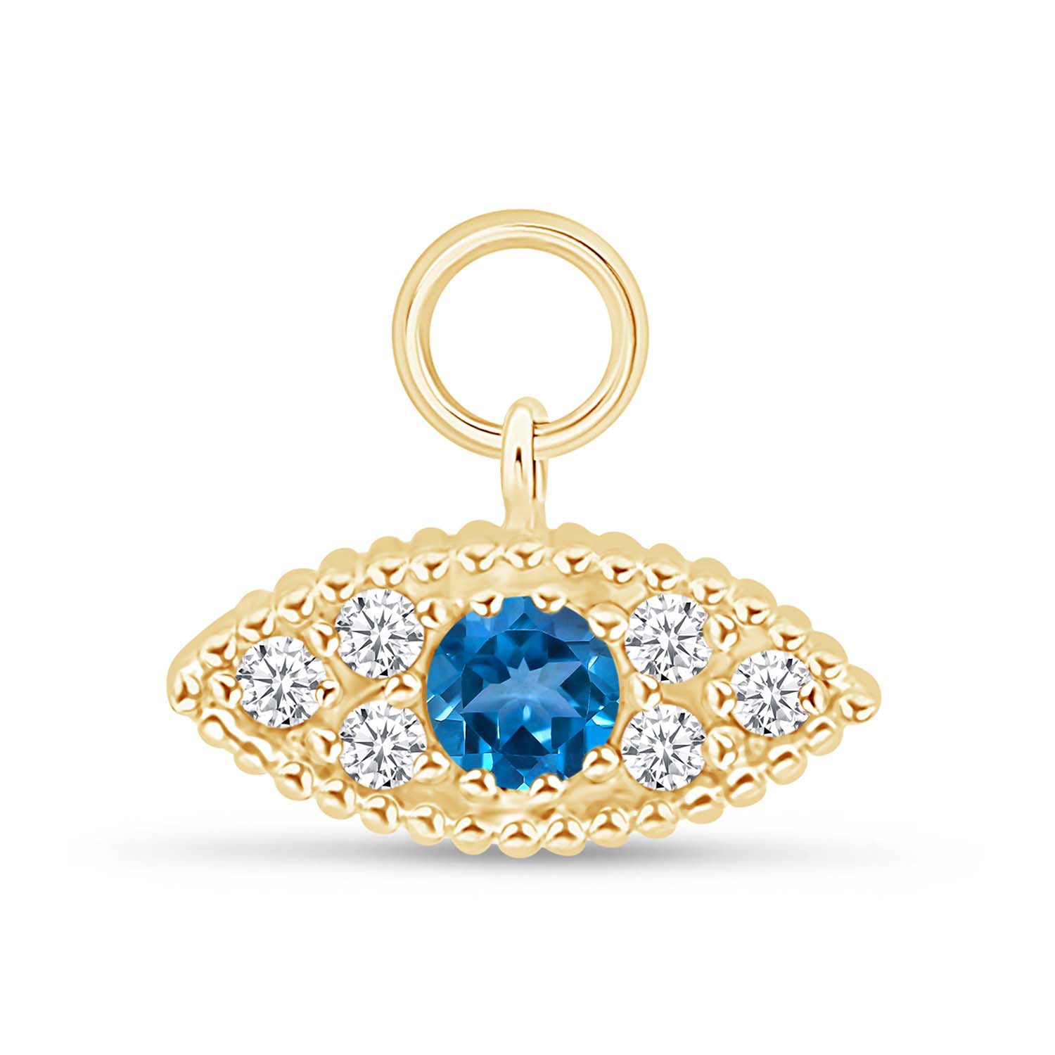 Hoop with Blue Topaz Evil Eye Charm in Solid 14k Yellow Gold