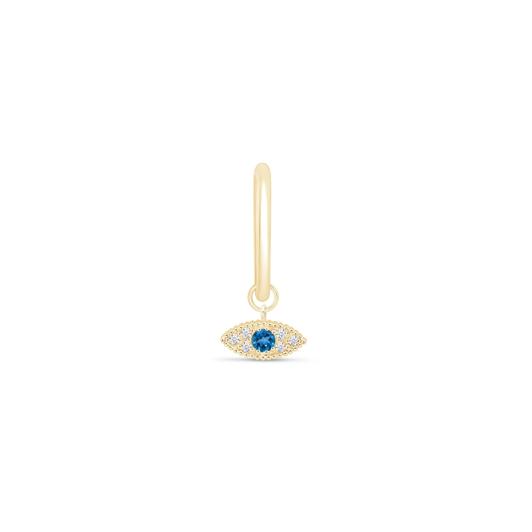 a pair of earrings with an evil eye charm