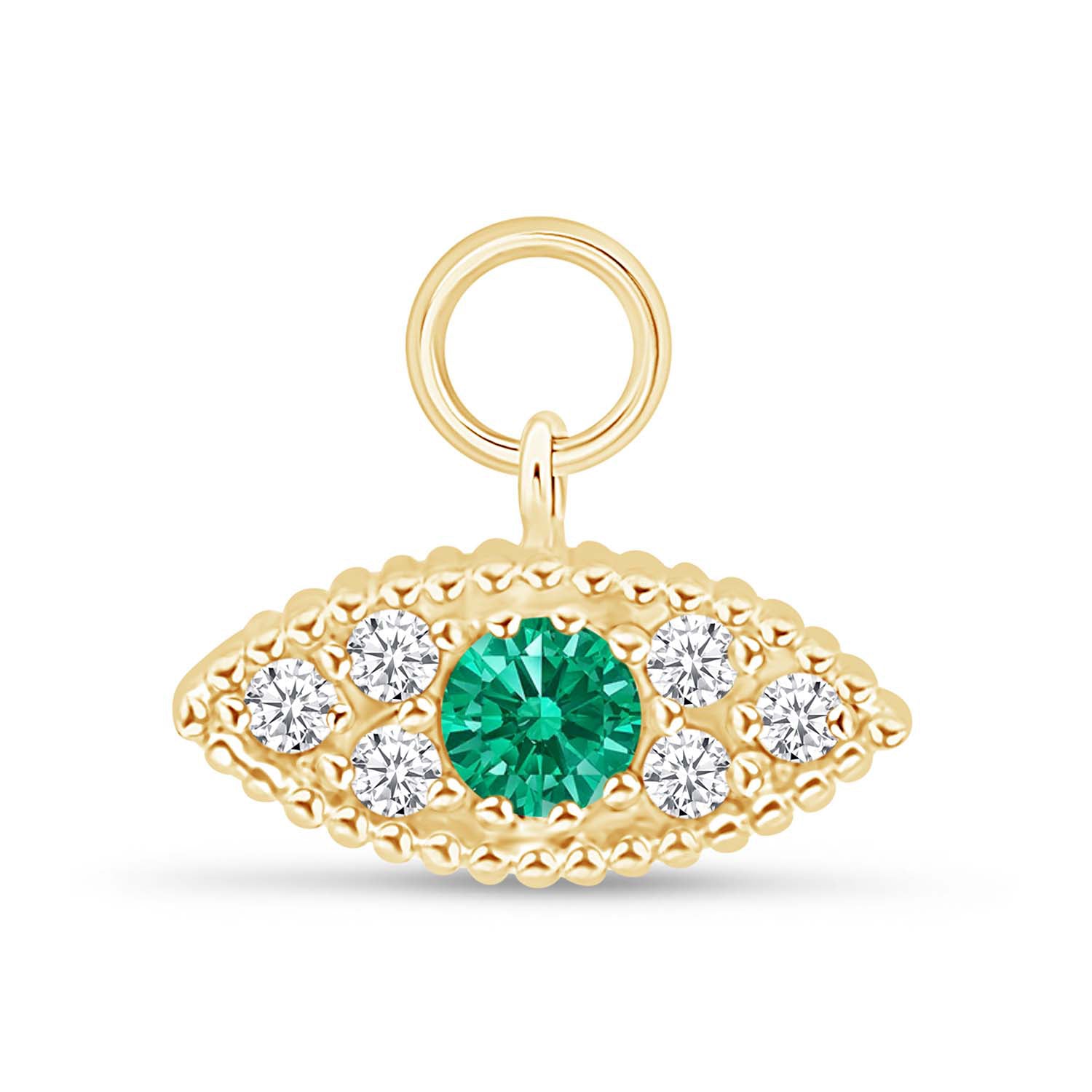 Hoop with Emerald Evil Eye Charm in Solid 14k Yellow Gold