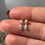 Pearl & Marquise Drop Flat Back Stud Earrings in Solid 14k Yellow Gold
