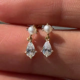Pearl & Marquise Drop Flat Back Stud Earrings in Solid 14k Yellow Gold
