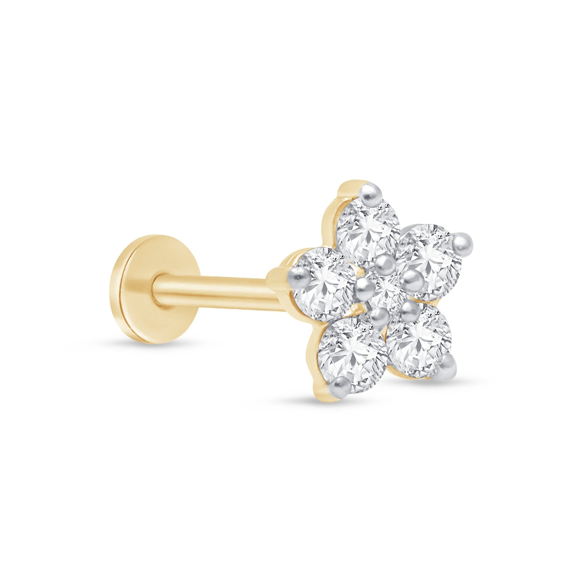 Six Round Diamond Flower Flat Back Stud Earrings in Solid 14k Yellow Gold