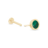 Round Emerald Flat Back Stud Earrings Bezel Set in Solid 14k Yellow Gold