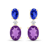 Dangling Oval Sapphire and Amethyst Earrings in Solid 10k Yellow Gold