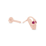 Pink Ruby Eye Skull Flat Back Stud Earrings in Solid 14k Rose Gold