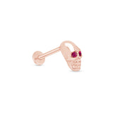 Pink Ruby Eye Skull Flat Back Stud Earrings in Solid 14k Rose Gold