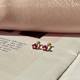 Ruby Flower Flat Back Stud Earrings in Solid 14k Yellow Gold