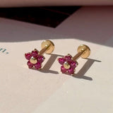 Ruby Flower Flat Back Stud Earrings in Solid 14k Yellow Gold