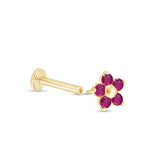 Ruby Flower Flat Back Stud Earrings in Solid 14k Yellow Gold
