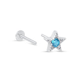 Blue Topaz Star Flat Back Stud Earrings Milgrain Set in Solid 14k White Gold