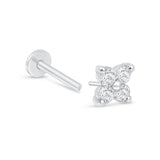Diamond Four Petal Flower Flat Back Stud Earrings in Solid 14k White Gold