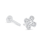 Beaded Four Petal Flower Diamond Flat Back Stud Earrings in Solid 14k White Gold