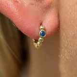 Blue Topaz Beaded Hoop in Solid 14k Yellow Gold