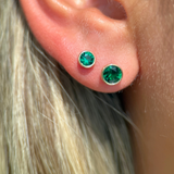 Round Emerald Flat Back Stud Earrings Bezel Set in Solid 14k Yellow Gold