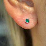 Round Emerald Flat Back Stud Earrings Bezel Set in Solid 14k White Gold