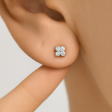Diamond Four Petal Flower Flat Back Stud Earrings in Solid 14k Yellow Gold