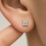 Diamond Four Petal Flower Flat Back Stud Earrings in Solid 14k Yellow Gold