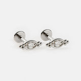 Beaded Marquise Diamond Evil Eye Flat Back Stud Earrings in Solid 14k White Gold