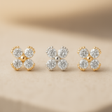 Beaded Diamond Four Petal Flower Flat Back Stud Earrings in Solid 14k Yellow Gold