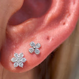 Beaded Diamond Four Petal Flower Flat Back Stud Earrings in Solid 14k Rose Gold
