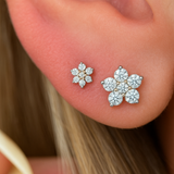Six Round Diamond Flower Flat Back Stud Earrings in Solid 14k White Gold