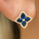Blue Sapphire Clover Stud Earrings with White Sapphire Halo in Solid 10k Yellow Gold