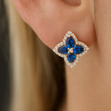 Blue Sapphire Clover Stud Earrings with White Sapphire Halo in Solid 10k Yellow Gold