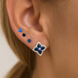 Blue Sapphire Clover Stud Earrings with White Sapphire Halo in Solid 10k Yellow Gold