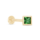 Princess Cut Emerald Flat Back Stud Earrings Bezel Set in Solid 14k Yellow Gold