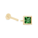 Princess Cut Emerald Flat Back Stud Earrings Bezel Set in Solid 14k Yellow Gold