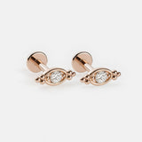 Beaded Marquise Diamond Evil Eye Flat Back Stud Earrings in Solid 14k Rose Gold