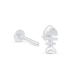 Fishbone Flat Back Stud Earrings in Solid 14k White Gold