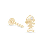 Fishbone Flat Back Stud Earrings in Solid 14k Yellow Gold
